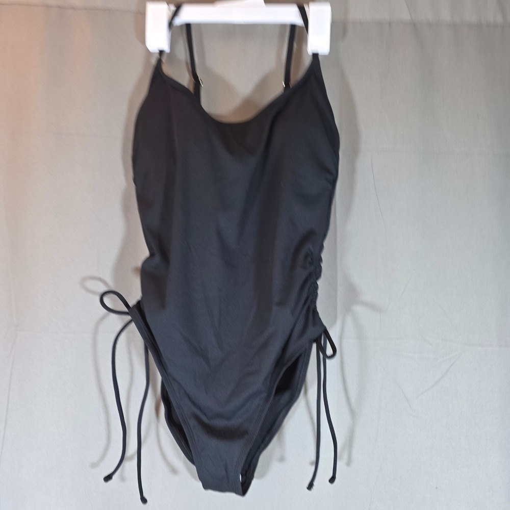 Shade & Shore‎ Womens Black Ribbed Side Cinched One Piece Swimsuit M 8-10 NWT